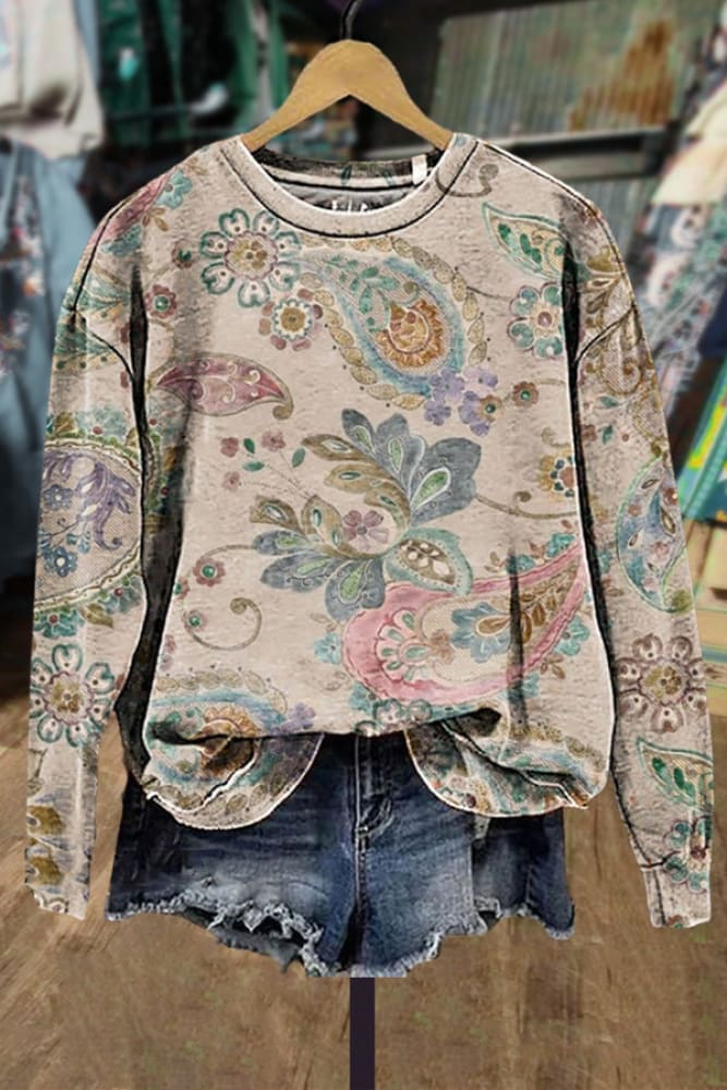 Women's Retro Artistic Floral Pattern Crew Neck Sweatshirt