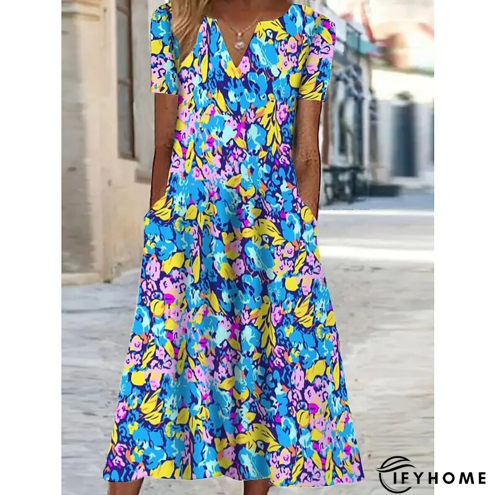 Women's Casual Dress Shift Dress Print Dress Floral Pocket Print V Neck Midi Dress Active Fashion Outdoor Vacation Short Sleeve Regular Fit Black Yellow Blue Spring Summer S M L XL XXL | IFYHOME