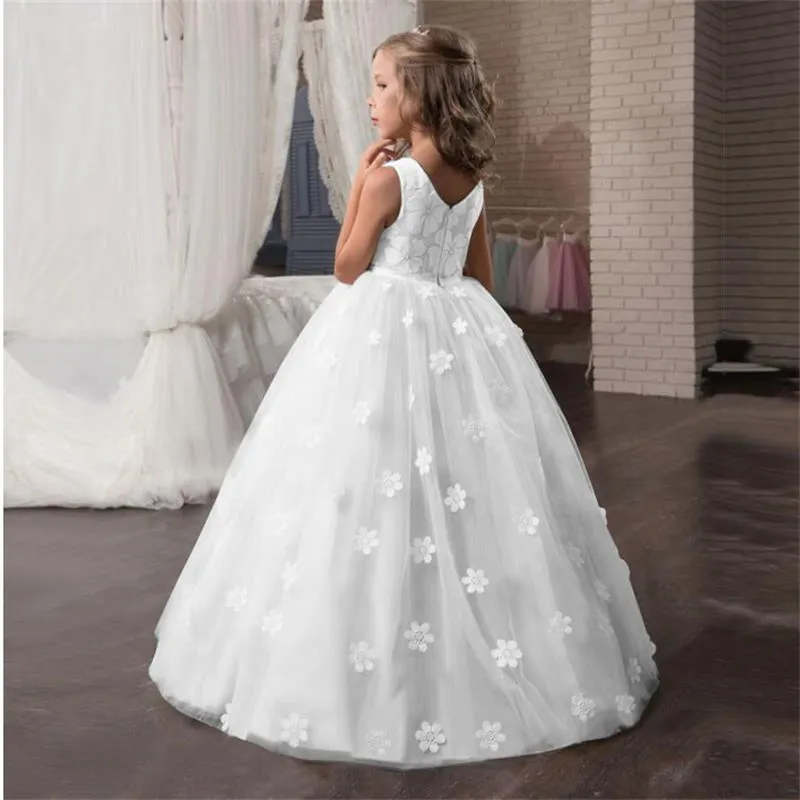 Fancy Flower Long Prom Gowns Teenagers Kids Dresses For Girls Children Party Dress Princess Bridesmaid Wedding Formal Costume