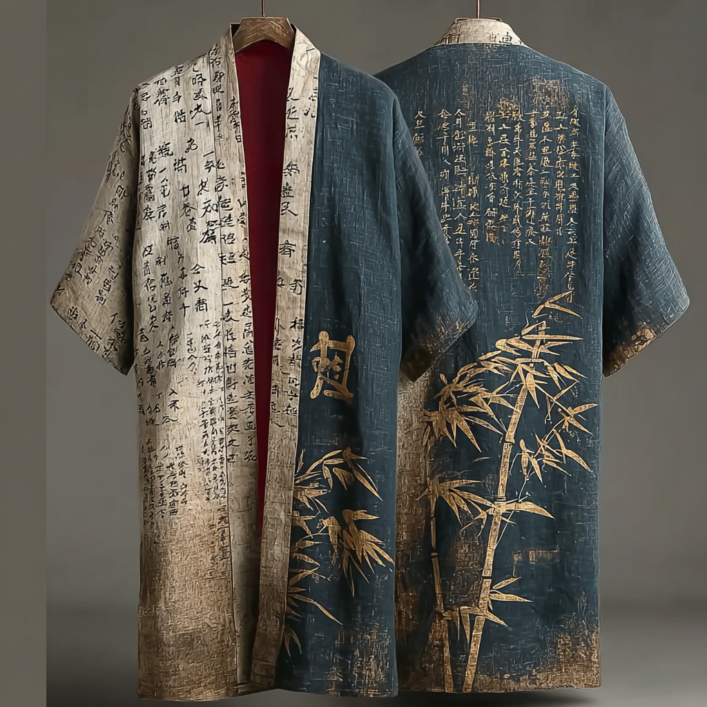 Japanese Art Retro Bamboo Line Art Pattern Men's Linen Long Kimono  artssus