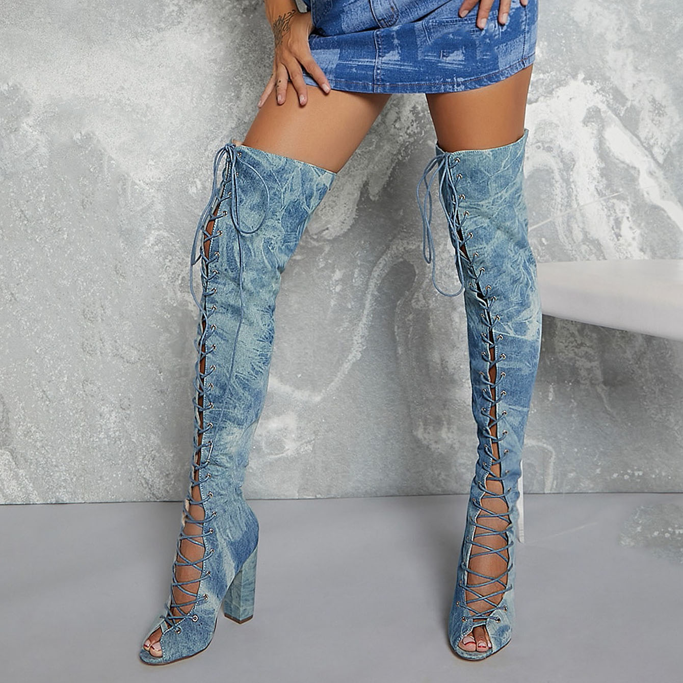 Stylish Blue Printed Denim Peep Toe Lace Up Thigh High Boots Nicepairs