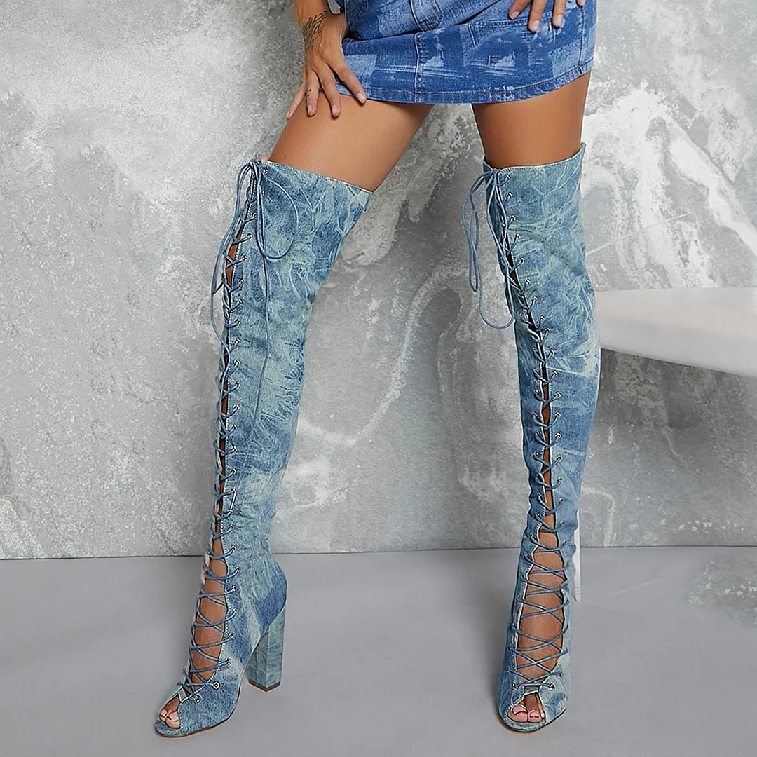 Blue Open Toe Denim Thigh Boots Lace Up Chunky Heel Nicepairs