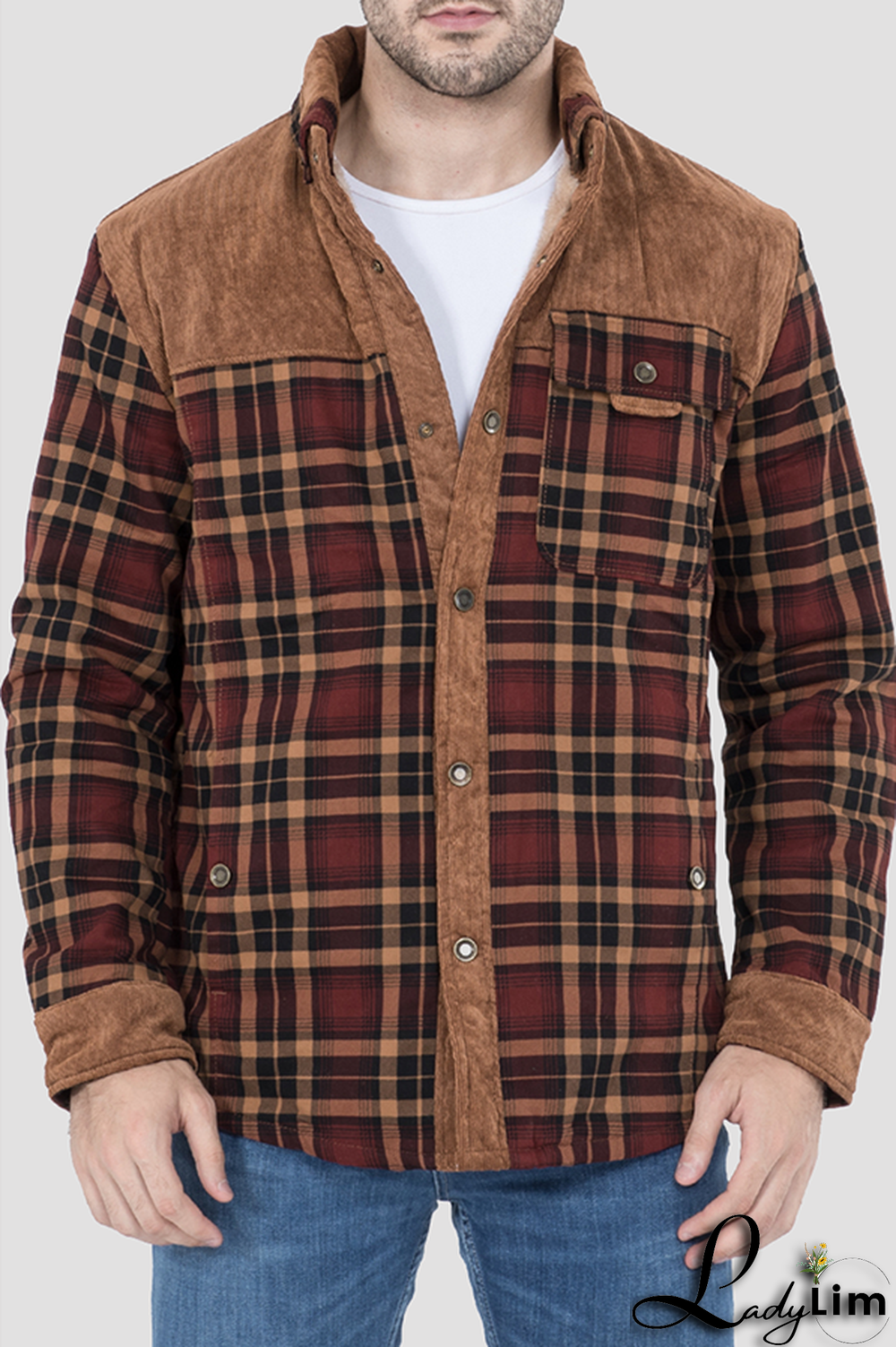 Coffee Casual Plaid Split Joint Buckle Turndown Collar Outerwear