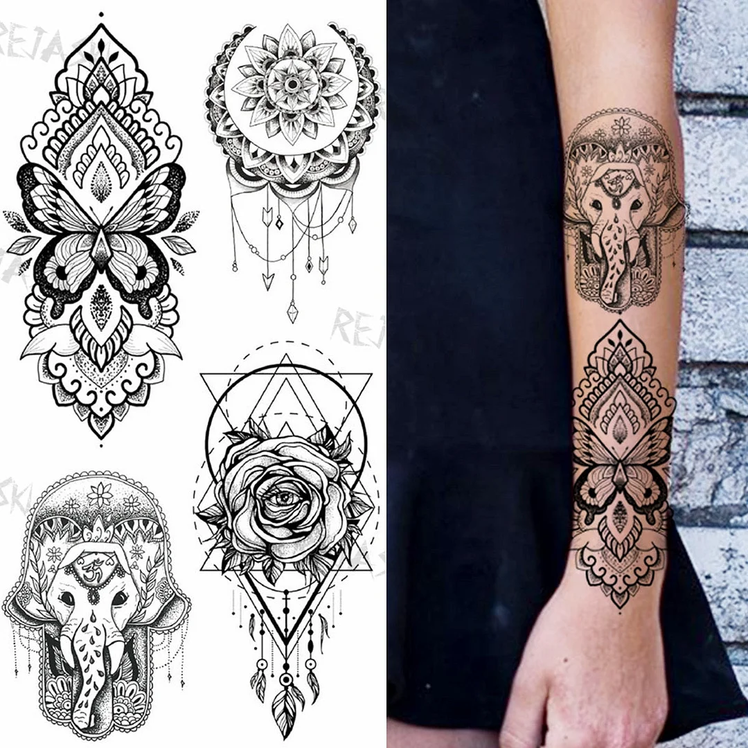 Mandala Flowers Temporary Tattoo For Women Black Henna Mehndi Tattoos Sticker Rose Lace Owl Fake Jewelry Tatoos Body Chest Back