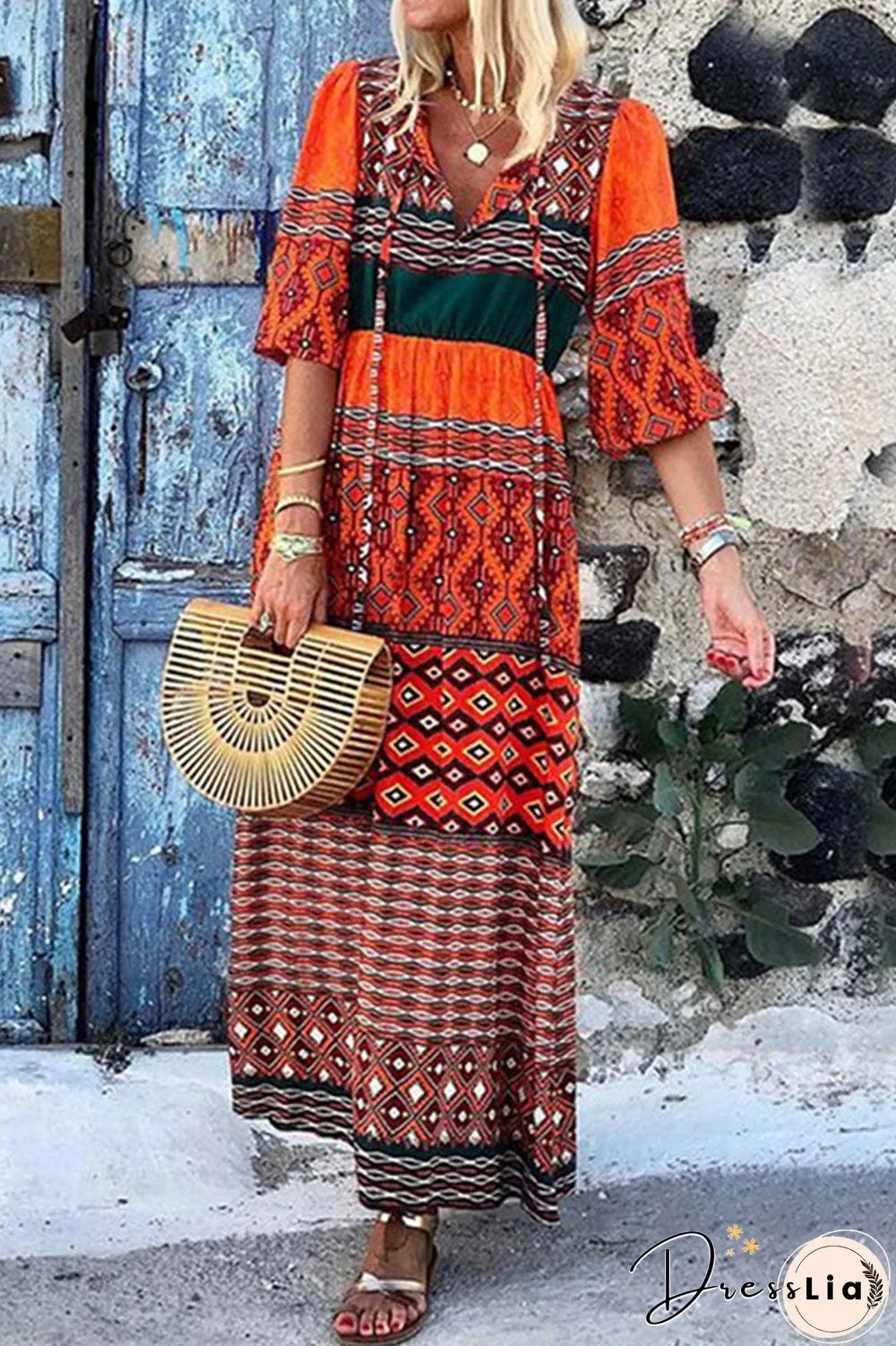 Bohemia Print Half Sleeve Maxi Dress