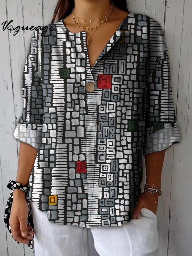 Black And White Speckled Line Segments Printed Cotton And Linen Shirt