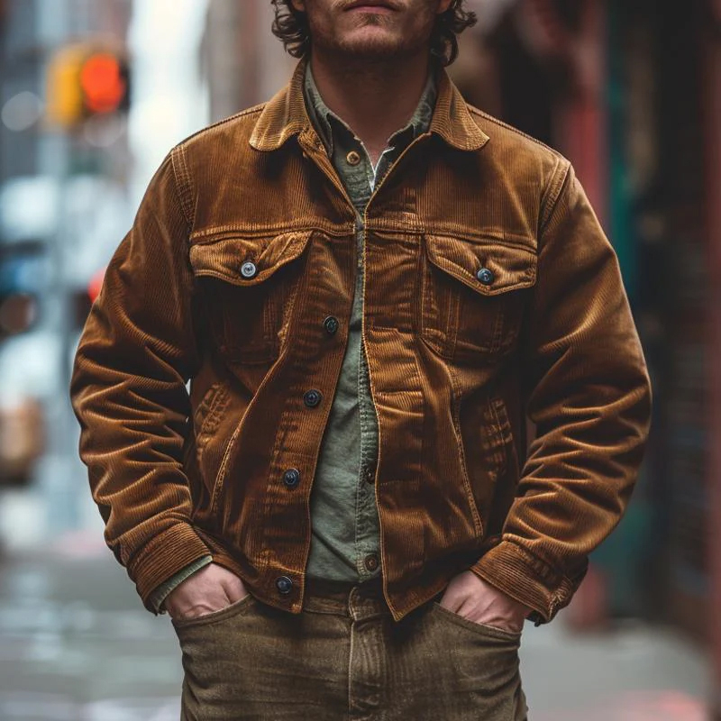 Men's Solid Vintage Corduroy Single Breasted Jacke