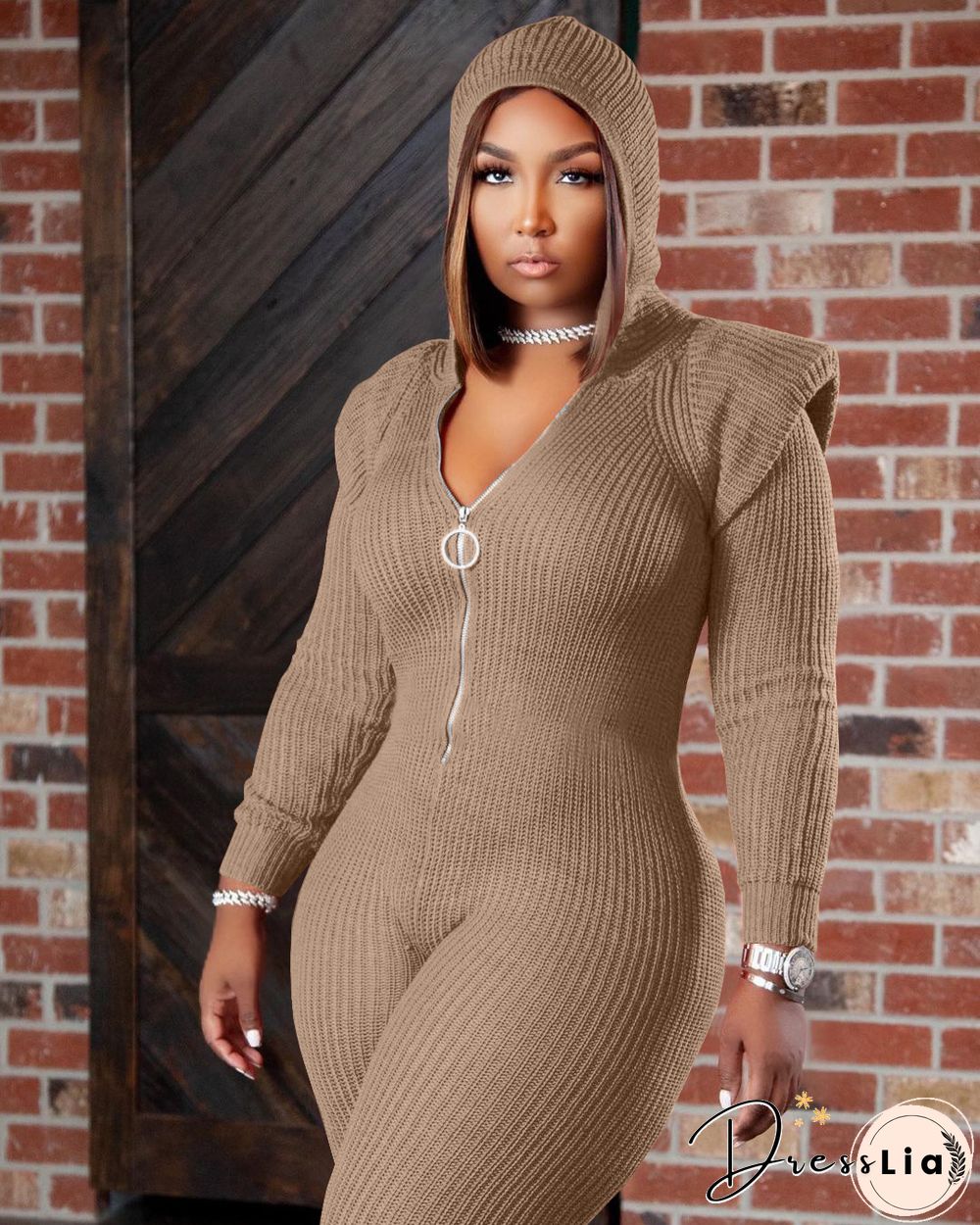 Knitted Long Sleeve Shoulder Padded Hooded Jumpsuit