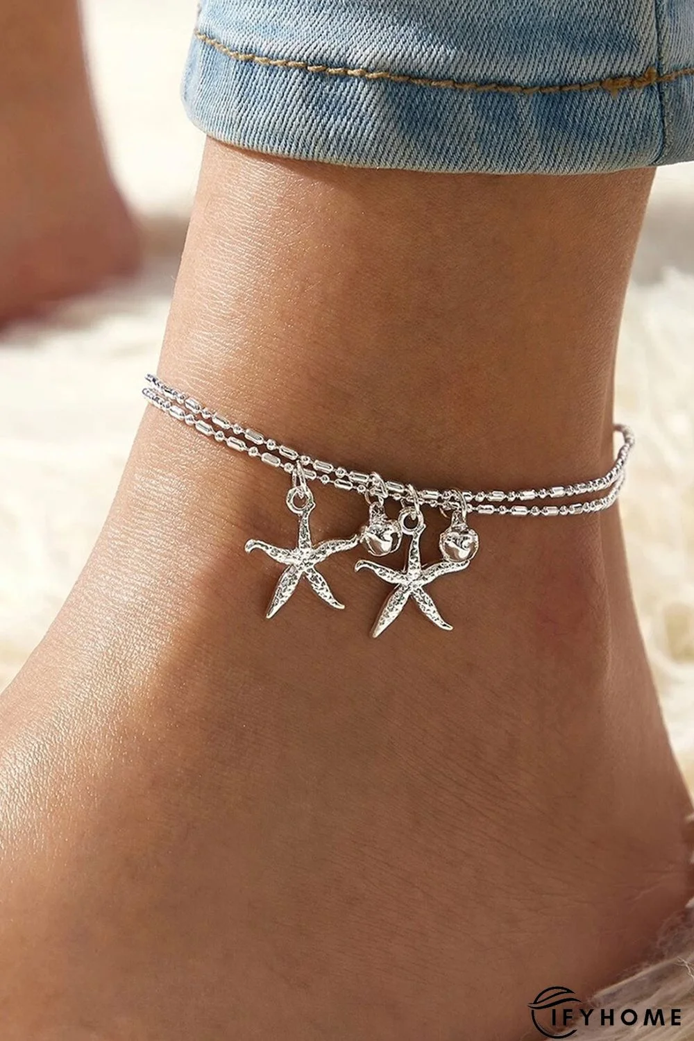 Silver Starfish Bell Dual-Layered Anklet | IFYHOME