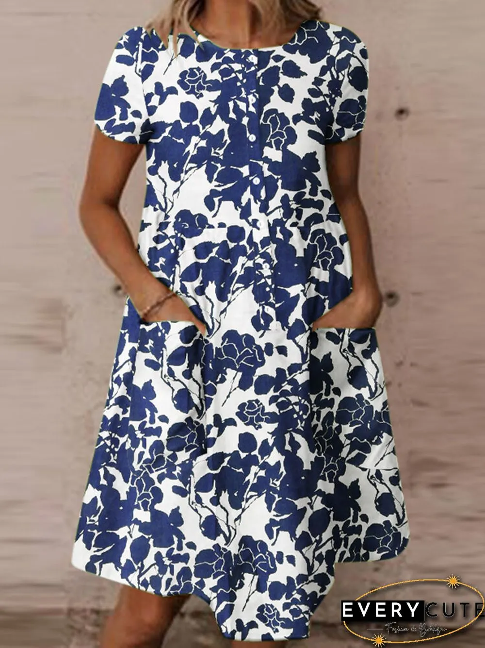 Random Allover Leaves Print Pocket Short Sleeve Button Dress