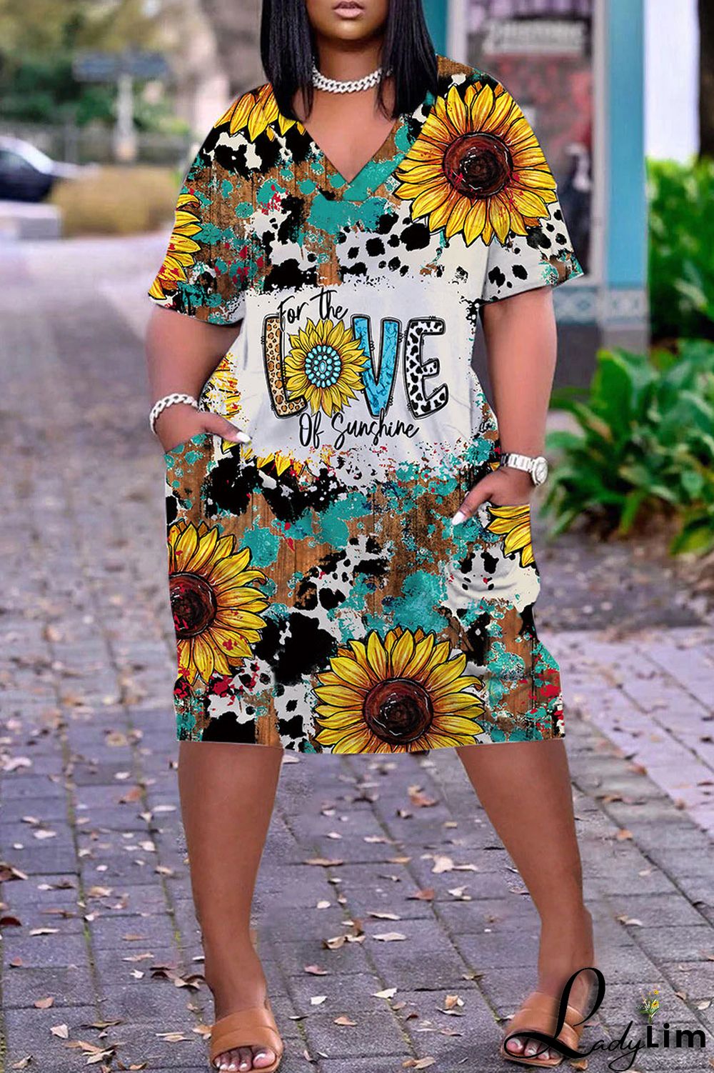 Light Brown Casual Work Print Patchwork V Neck Straight Dresses