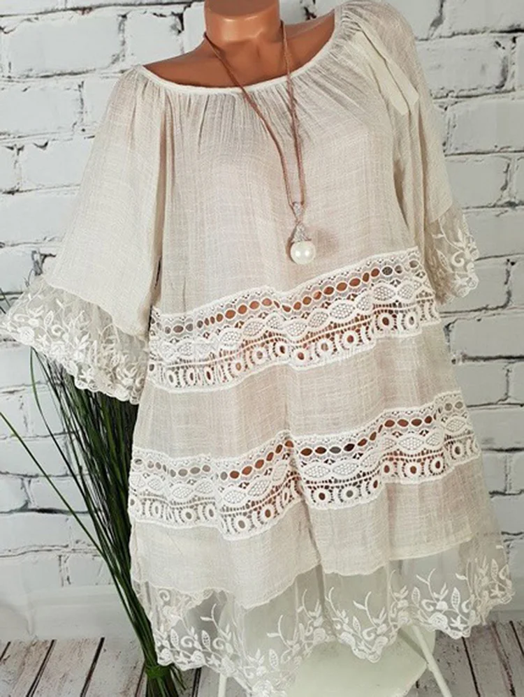Lace Patchwork Hollow Out Flare Sleeve Loose Blouse