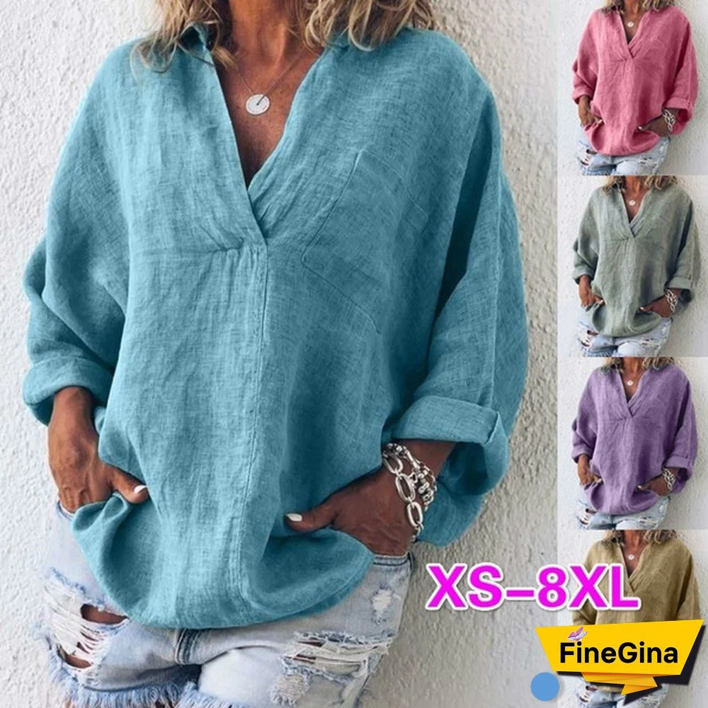 Plus Size Fashion Clothes Women's Tops Long Sleeve Chiffon Blouses Ladies Loose T-shirts Solid Color Deep Linen V-neck Blouses XS-8XL