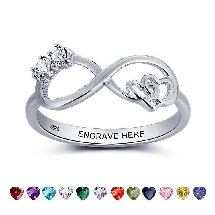 S925 Infinity Ring Double Heart Promise Ring Personalized with 2 Birthstones Engraved Sterling Silver Ring