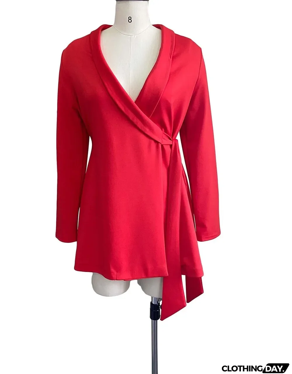 Fall Professional Red Long Sleeve Knotted Blazer Dress