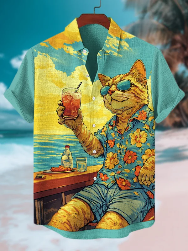 Men's Cat on Vacation Print Short Sleeve Shirt
