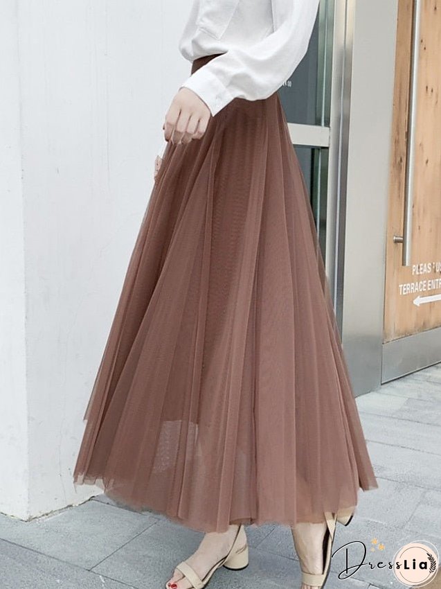 Women's Skirt Swing Tulle Long Skirt Maxi Black Pink Khaki Beige Skirts Pleated Layered Tulle Vintage Elegant Street S M L