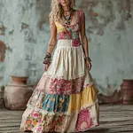 Vintage Boho Floral Pattern Patchwork Flowy Linen Maxi Tank Dress - Image 2