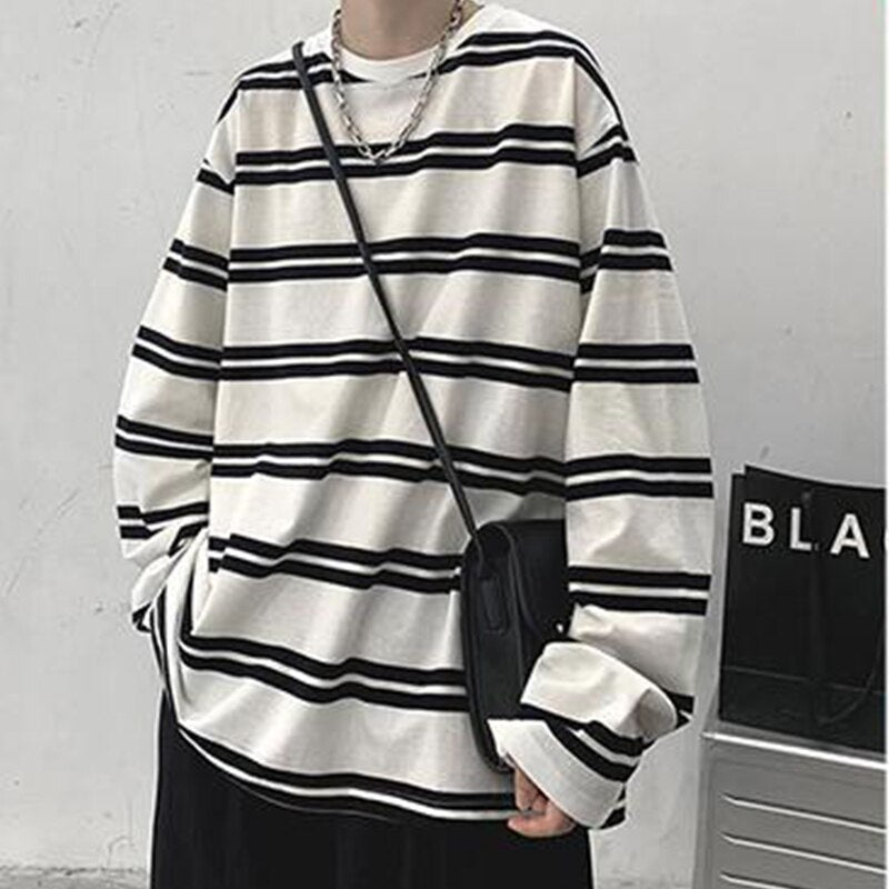 Autumn New Casual Striped Men's T-Shirt Oversize Loose Style Simple ...