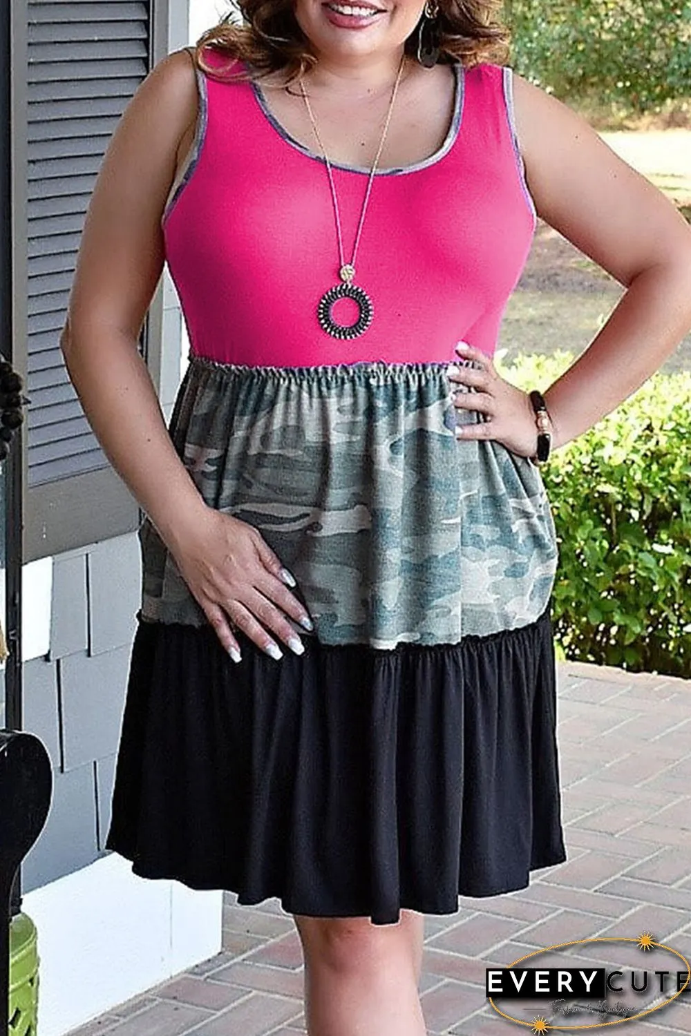 Plus Size Camo Colorblock Patchwork Sleeveless Dress