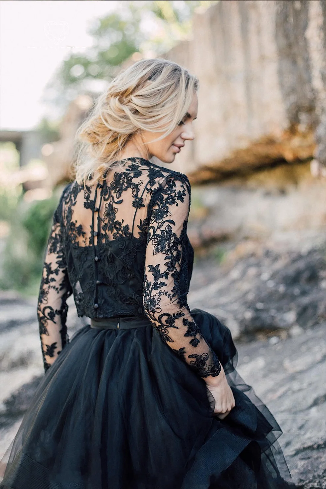 Long sleeve black 2024 lace wedding dress