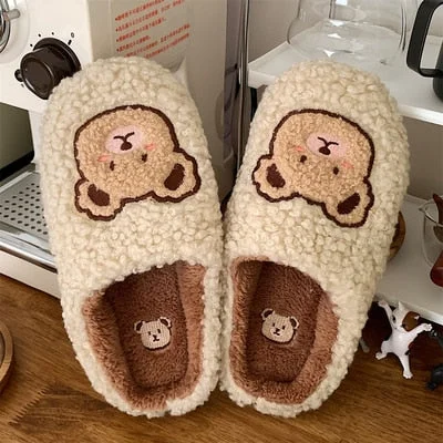 Cute Little Girl With Bow Slippers For Women Fashion Kawaii Fluffy Winter Warm Slipper Woman Cartoon Smiley Face  House Slippers