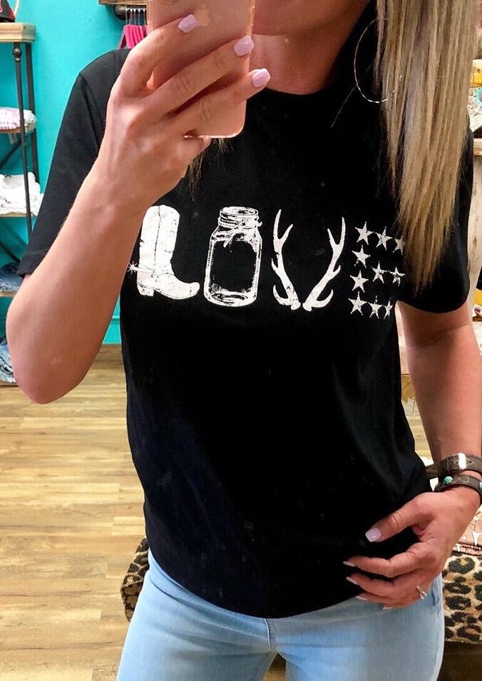 Love Boots Star T-Shirt Tee - Black