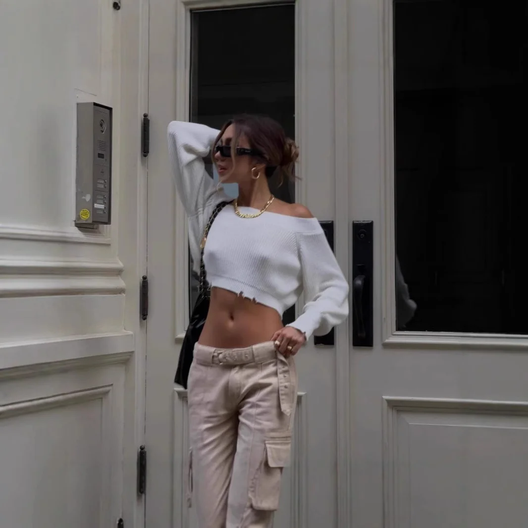 Nigikala Nigikala 2025 New French Open Shoulder Long Sleeve Design Knitting Wool Repair Outside The Dress Woman