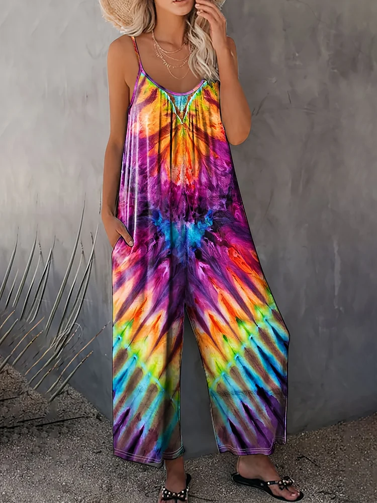Women's Vibrant Tie-Dye Strapless Jumpsuit - Colorful Summer Vacation Romper With Wide Legs, Perfect For Beach And Poolside, Beach Attire | Vibrant Romper | Strapless Jumpsuit