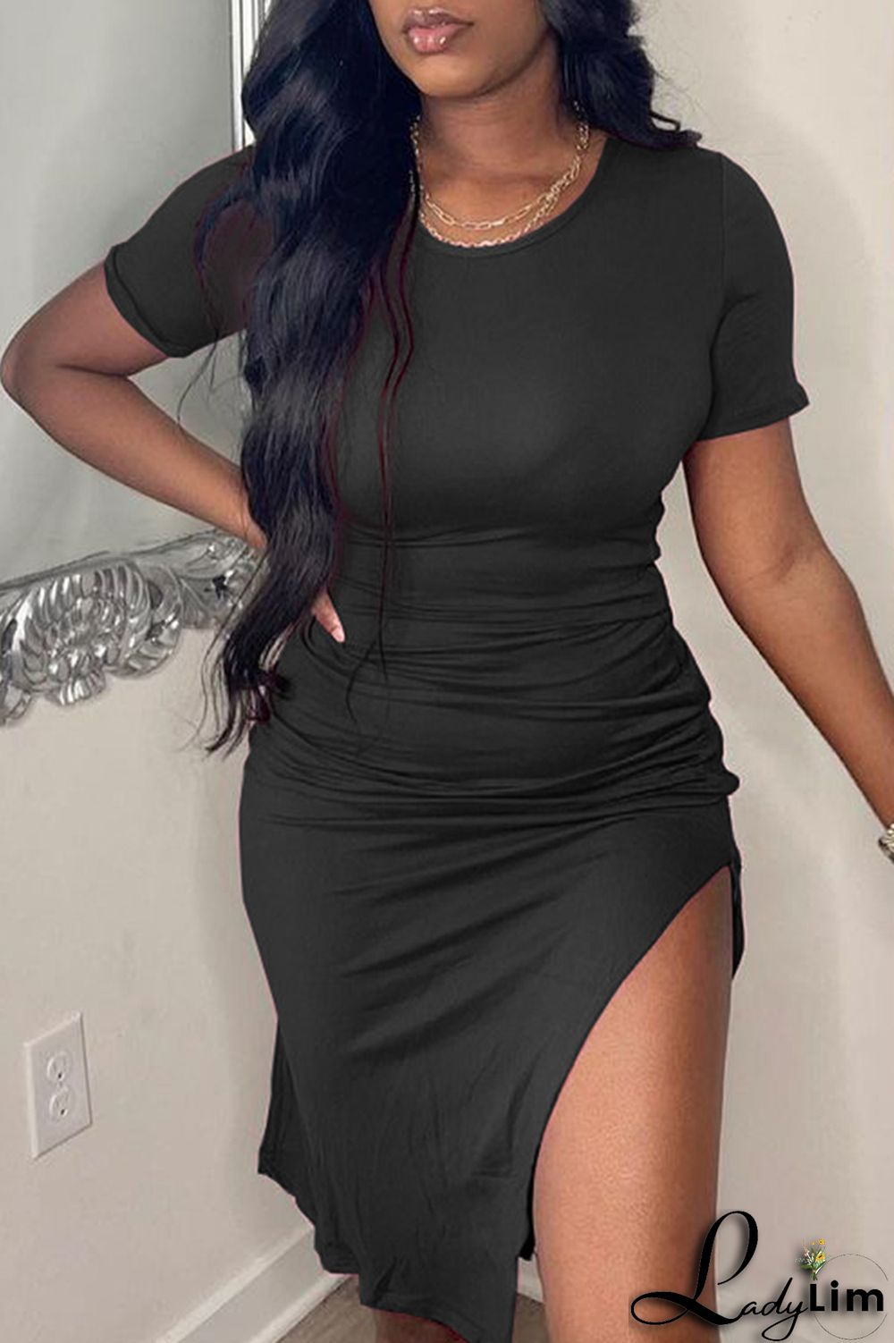Fuchsia Fashion Casual Solid Draw String Frenulum Slit O Neck Short Sleeve Dress
