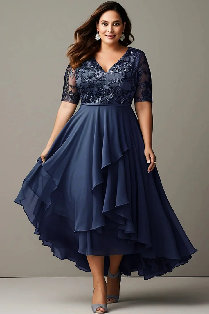 Flycurvy Plus Size Mother Of The Bride Gray Green Lace Asymmetrical Hem Overlay Tea-length Dress 2024 - Flycurvy 