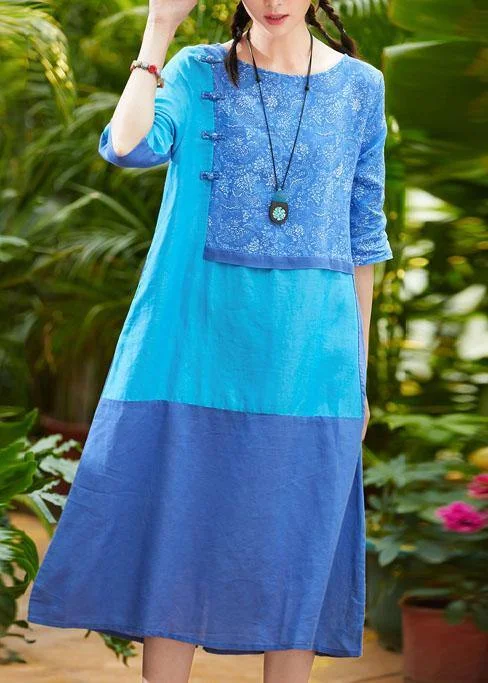 Simple o neck pockets linen dresses design blue print Dress summer