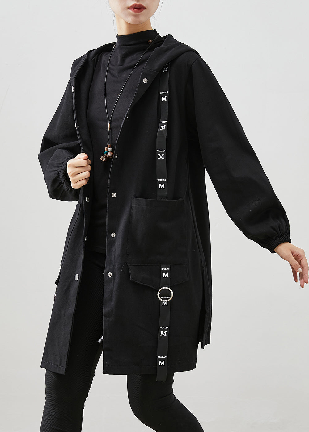 Black Hooded wide cut trenchcoat 20399 main image 1