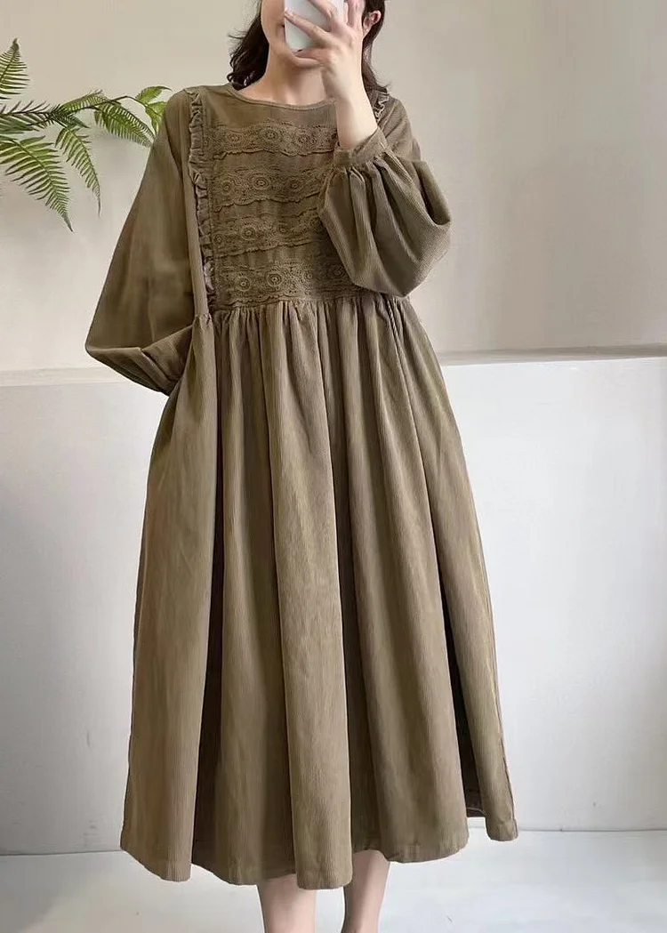 Boutique Khaki Embroidered Corduroy Maxi Dress Spring