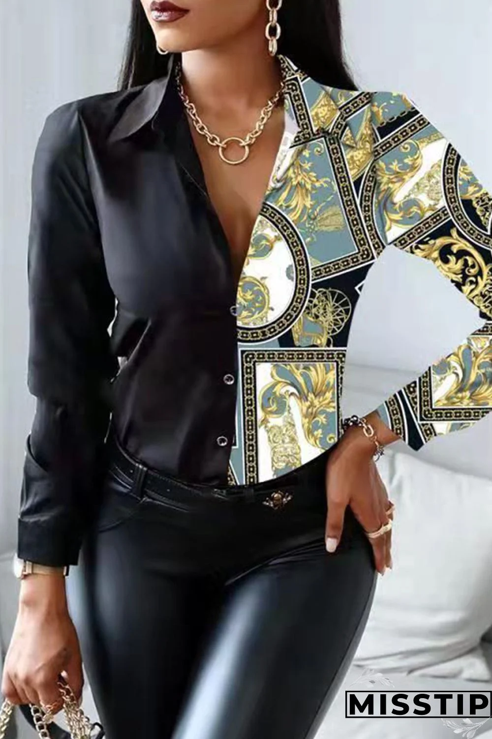 Camouflage Fashion Casual Print Patchwork Turndown Collar Tops