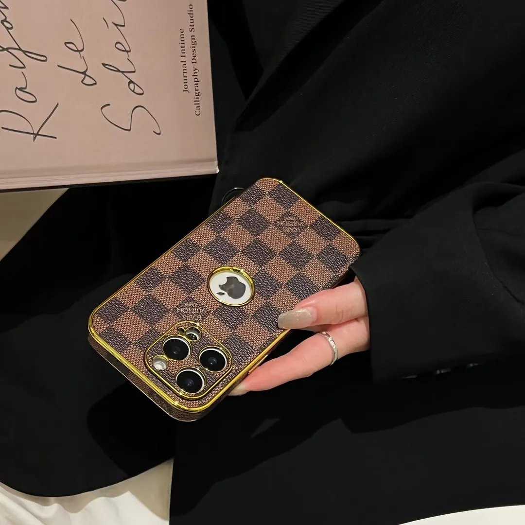 LV Electroplated Leather Monogram Canvas Checkerboard Apple iPhone Case