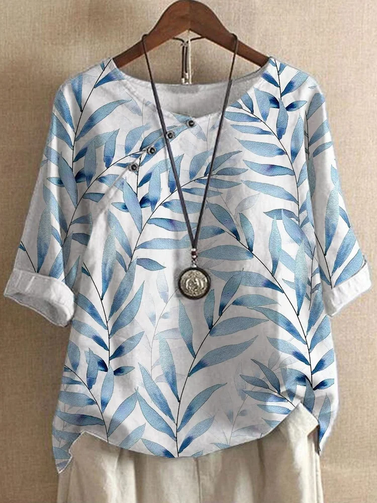 Flower Printing Button Cotton And Linen Top Casual O-Neck Short Sleeve Loose Shirt