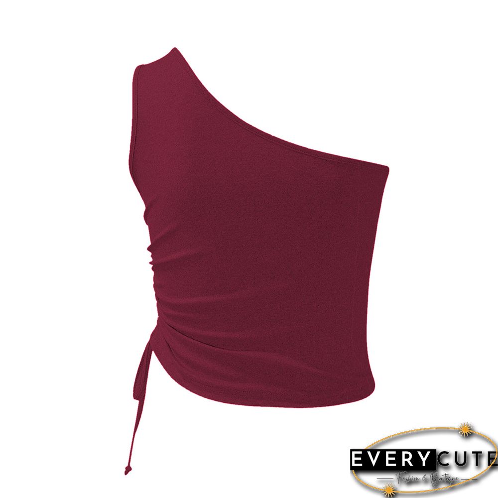 Wine Red Side Drawstring One Shoulder Crop Vest