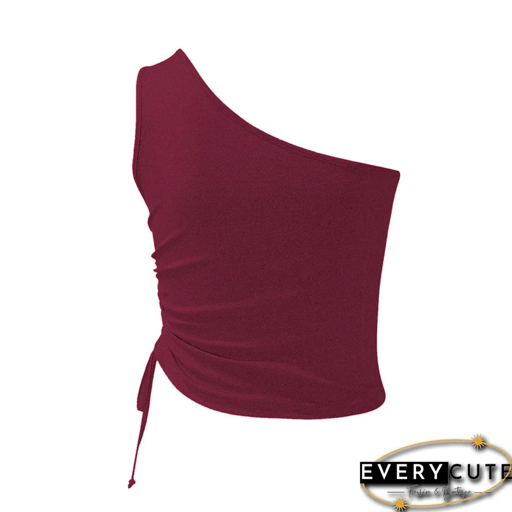 Wine Red Side Drawstring One Shoulder Crop Vest