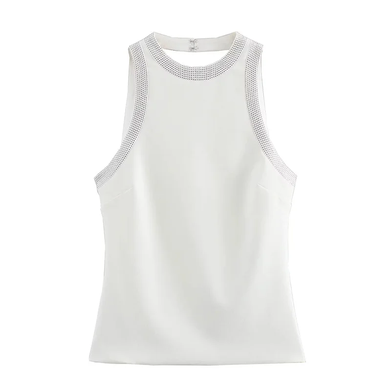 Brownm Brownm New Female Temperament Dress-Up Round Collar Sleeveless Back Hot Diamond Design Vest Top Woman