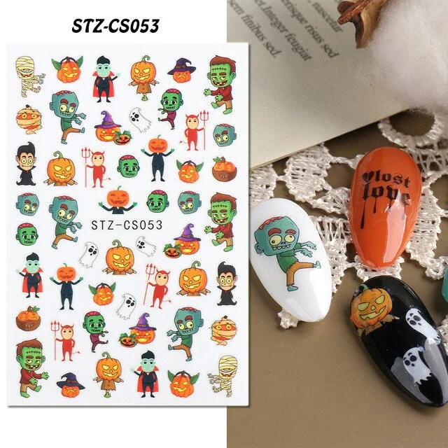 Nail Stickers Back Glue Halloween Pumpkin Zombie Skull Golden Maple Leaf Designs Nail Decal Decoration Tips For Beauty Salons-Nail Inspo
