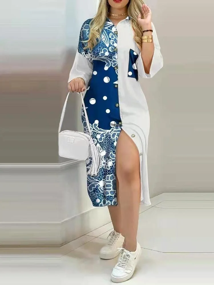 Women's V-neck Long Sleeve Printed Midi Dresa