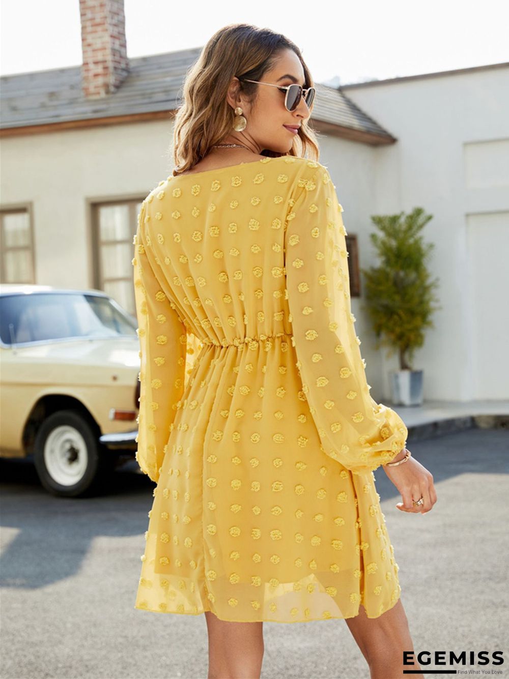 Dot A-line Skirt Ruffled V-neck Casual Loose Short Dress | EGEMISS