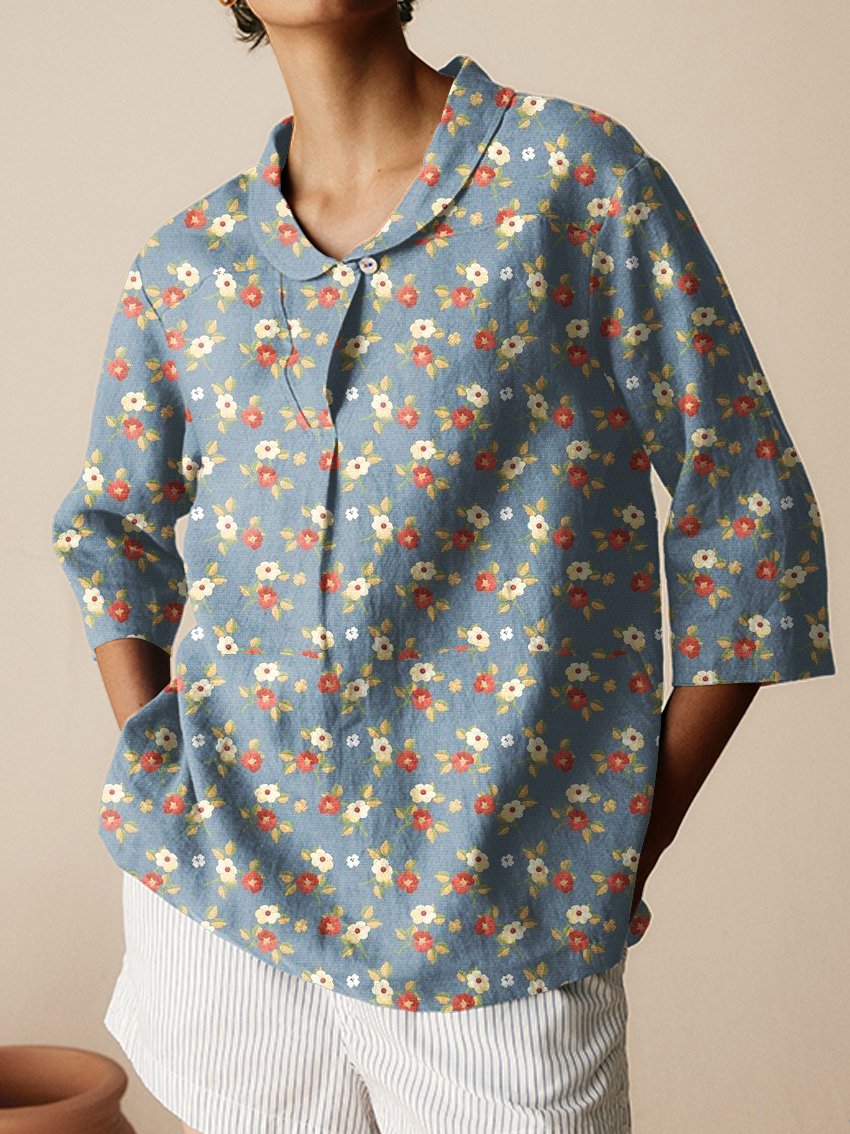 Women's Floral Art  Print Casual Linen Cotton 3/4 Sleeve Shirt