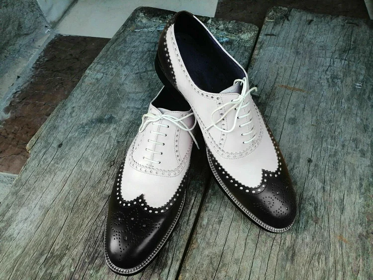 Handmade Mens Spectator Two tone Wing tip brogue Dress shoes, shoes for men