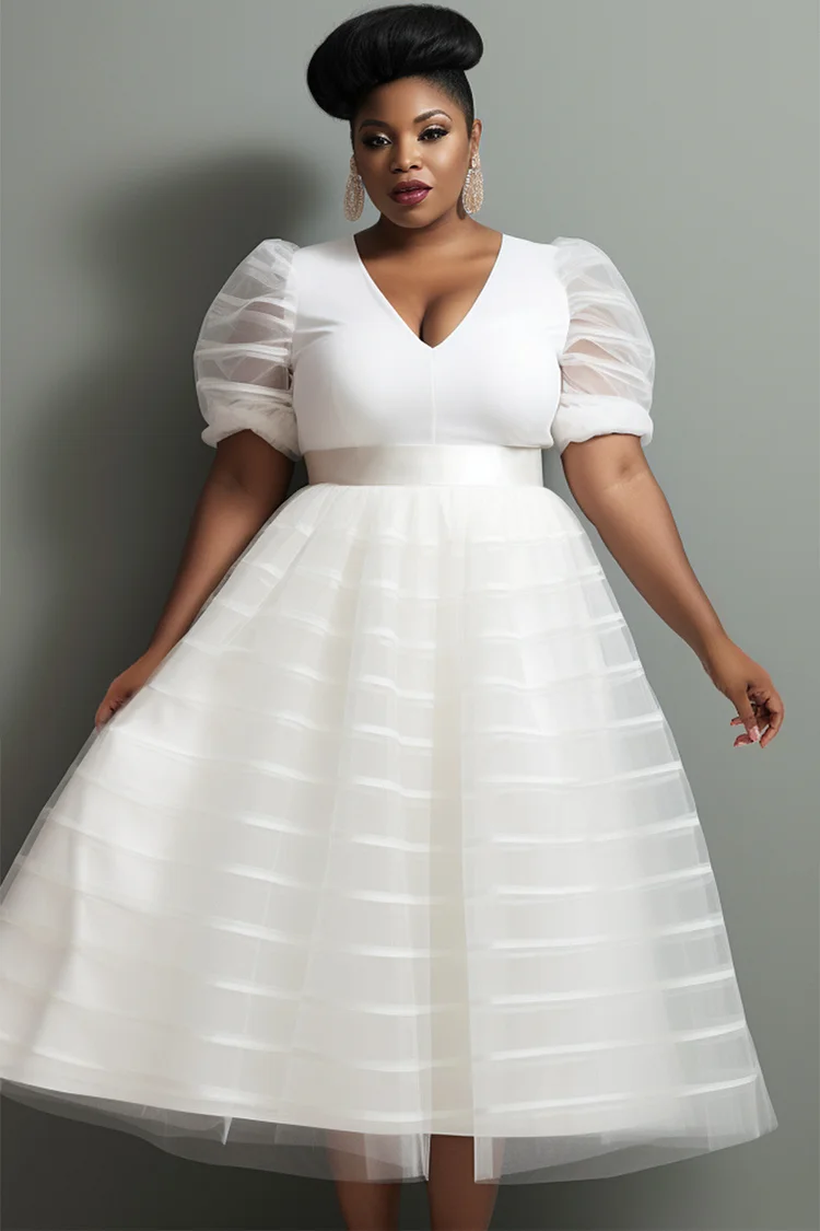 Xpluswear Design Plus Size Wedding White V Neck Puff Sleeve Short Sleeve See Through Tulle Midi Dresses [Pre-Order] 2024 - Xpluswear