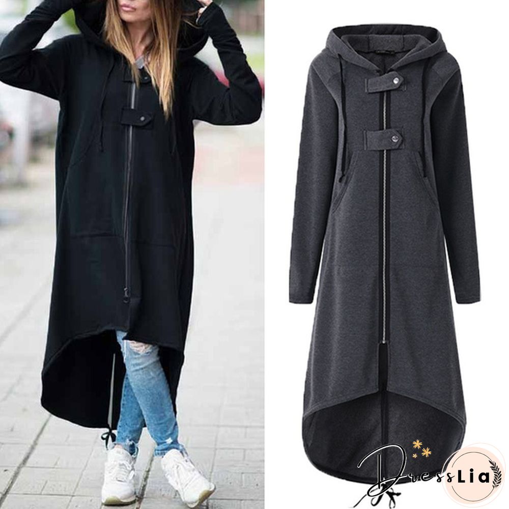 Oversize Women Hooded Long Sleeve Zip-up Asymmetric Hem Long Hoodie Coat Jacket Outwear