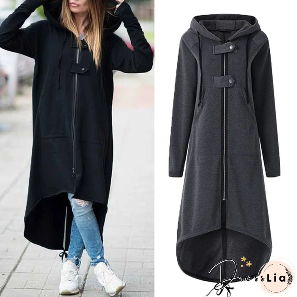 Oversize Women Hooded Long Sleeve Zip-up Asymmetric Hem Long Hoodie Coat Jacket Outwear