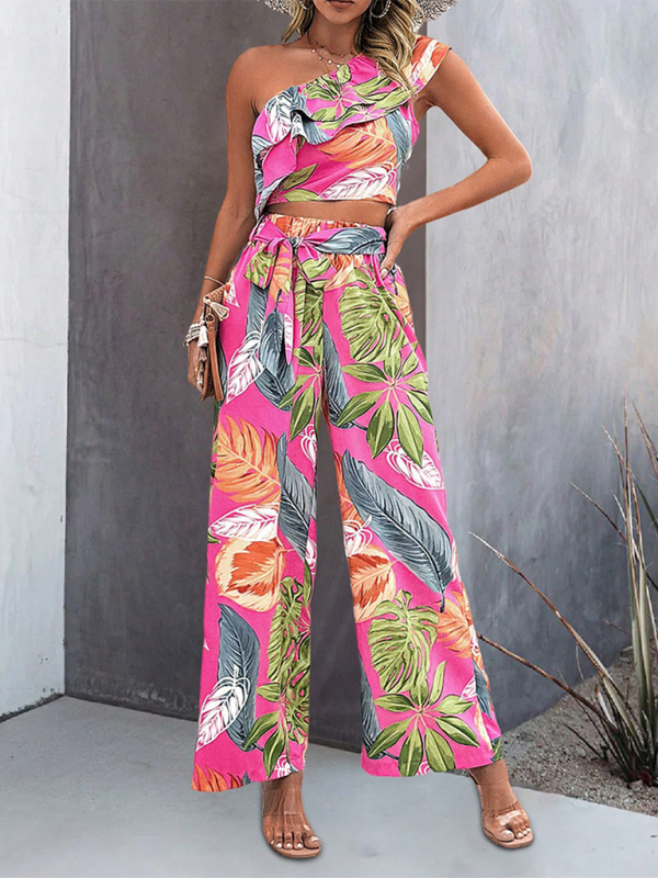 New style off-shoulder short contrast color contrast color print wide-leg pants two-piece set