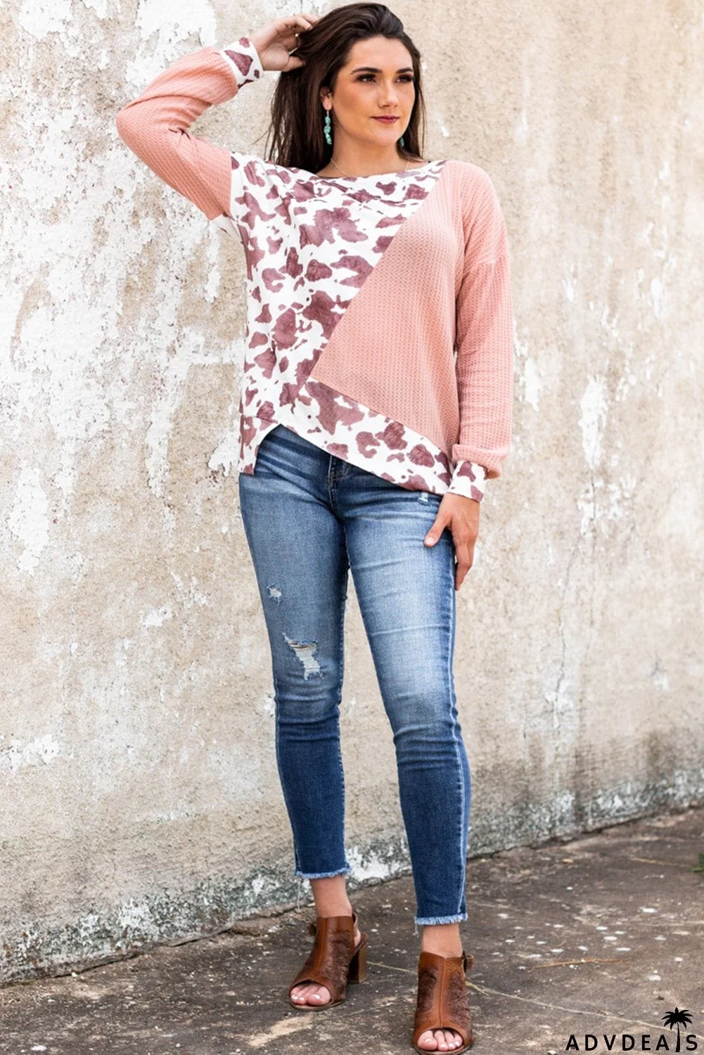 Brown Cow Contrast Asymmetrical Long Sleeve Top